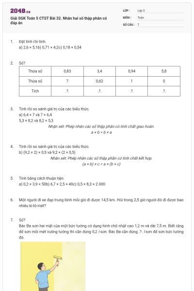 Giải SGK Toán 5 CTST Bài 32. Nhân hai số thập phân có đáp án