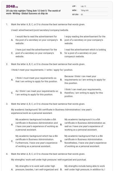 20 câu trắc nghiệm Tiếng Anh 12 Unit 5: The world of work- Writing- Global Success có đáp án