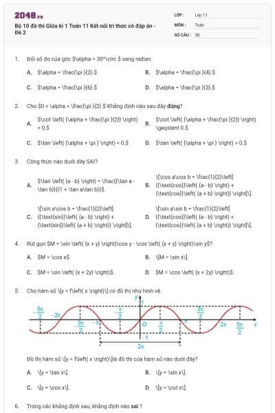 Bộ 10 đề thi Giữa kì 1 Toán 11 Kết nối tri thức có đáp án - Đề 2