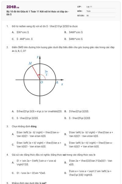 Bộ 10 đề thi Giữa kì 1 Toán 11 Kết nối tri thức có đáp án - Đề 5