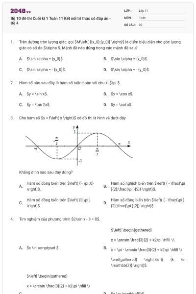 Bộ 10 đề thi Cuối kì 1 Toán 11 Kết nối tri thức có đáp án - Đề 4