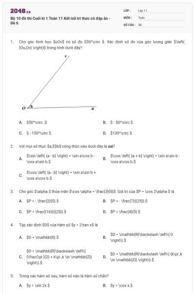 Bộ 10 đề thi Cuối kì 1 Toán 11 Kết nối tri thức có đáp án - Đề 6