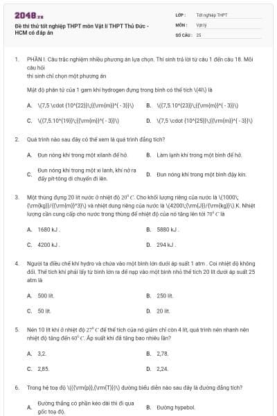 Đề thi thử tốt nghiệp THPT môn Vật lí THPT Thủ Đức - HCM có đáp án