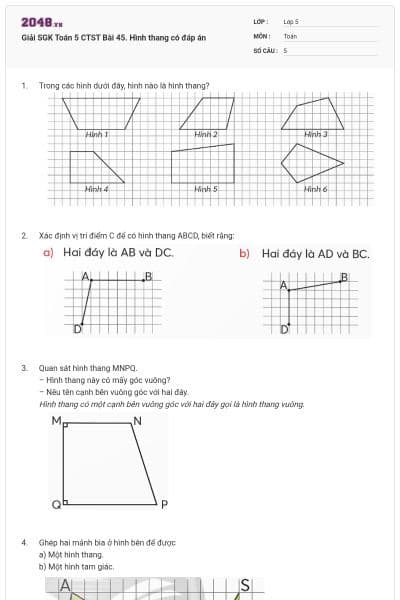 Giải SGK Toán 5 CTST Bài 45. Hình thang có đáp án