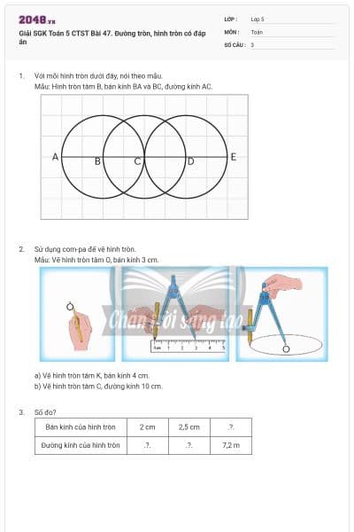 Giải SGK Toán 5 CTST Bài 47. Đường tròn, hình tròn có đáp án