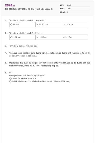 Giải SGK Toán 5 CTST Bài 48. Chu vi hình tròn có đáp án