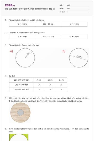 Giải SGK Toán 5 CTST Bài 49. Diện tích hình tròn có đáp án