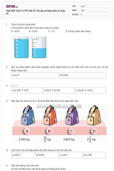 Giải SGK Toán 5 CTST Bài 52. Ôn tập số thập phân có đáp án
