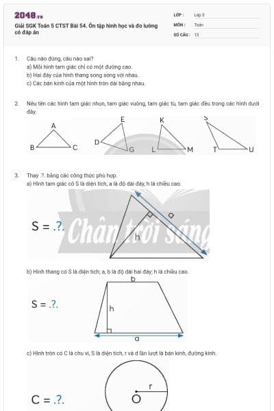Giải SGK Toán 5 CTST Bài 54. Ôn tập hình học và đo lường có đáp án