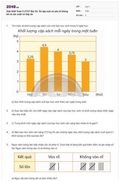 Giải SGK Toán 5 CTST Bài 55. Ôn tập một số yếu tố thống kê và xác suất có đáp án