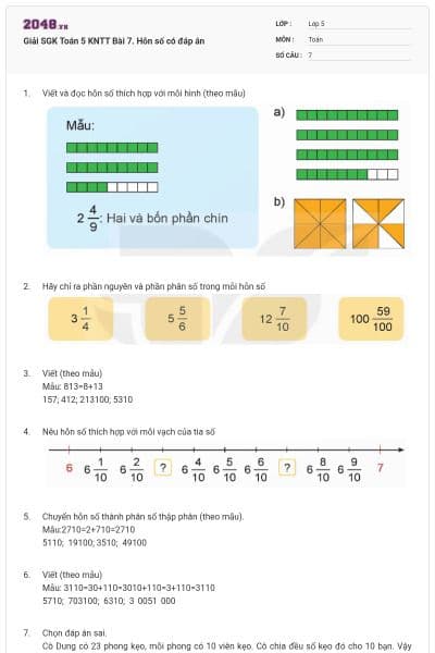 Giải SGK Toán 5 KNTT Bài 7. Hỗn số có đáp án