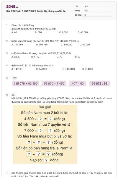 Giải SGK Toán 5 KNTT Bài 9. Luyện tập chung có đáp án