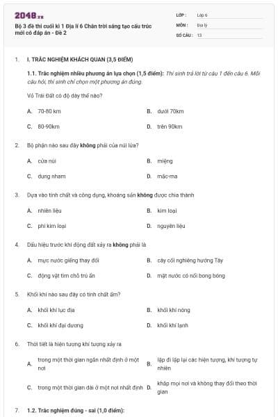 Bộ 3 đề thi cuối kì 1 Địa lí 6 Chân trời sáng tạo cấu trúc mới có đáp án - Đề 2