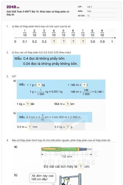 Giải SGK Toán 5 KNTT Bài 10. Khái niệm số thập phân có đáp án