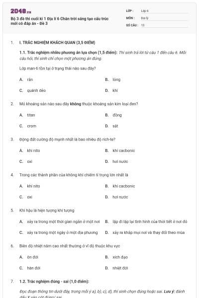 Bộ 3 đề thi cuối kì 1 Địa lí 6 Chân trời sáng tạo cấu trúc mới có đáp án - Đề 3