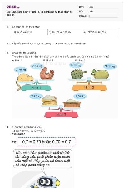 Giải SGK Toán 5 KNTT Bài 11. So sánh các số thập phân có đáp án