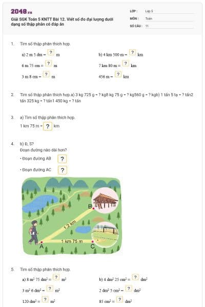 Giải SGK Toán 5 KNTT Bài 12. Viết số đo đại lượng dưới dạng số thập phân có đáp án