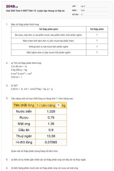 Giải SGK Toán 5 KNTT Bài 14. Luyện tập chung có đáp án