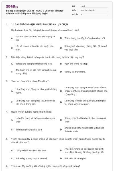 Bài tập trắc nghiệm Giữa kì 1 GDCD 9 Chân trời sáng tạo cấu trúc mới có đáp án - Bài tập tự luyện