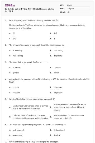 Bộ 5 đề thi cuối kì 1 Tiếng Anh 12 Global Success có đáp án - Đề 3
