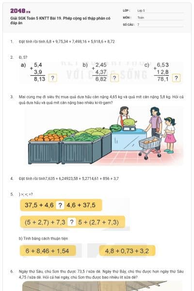 Giải SGK Toán 5 KNTT Bài 19. Phép cộng số thập phân có đáp án