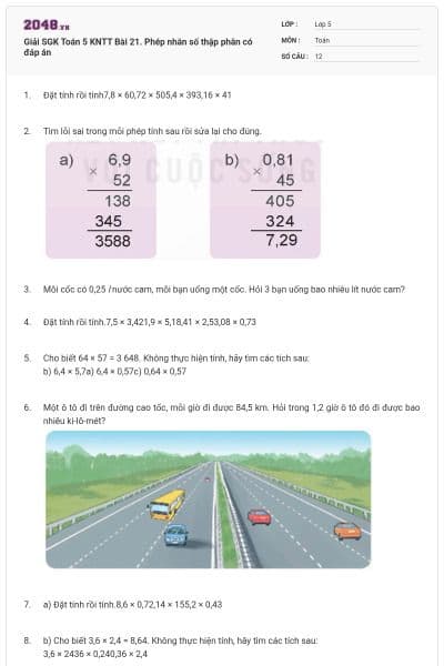 Giải SGK Toán 5 KNTT Bài 21. Phép nhân số thập phân có đáp án