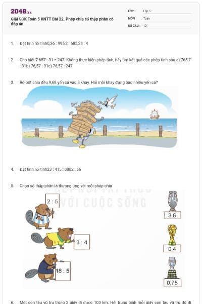 Giải SGK Toán 5 KNTT Bài 22. Phép chia số thập phân có đáp án