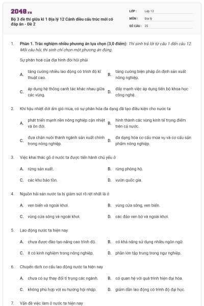 Bộ 3 đề thi giữa kì 1 Địa lý 12 Cánh diều cấu trúc mới có đáp án - Đề 2