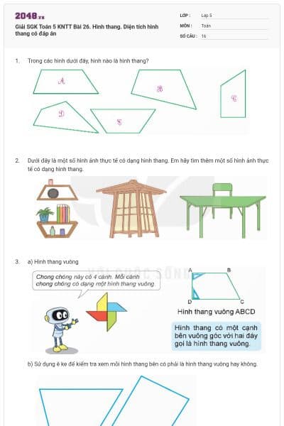 Giải SGK Toán 5 KNTT Bài 26. Hình thang. Diện tích hình thang có đáp án