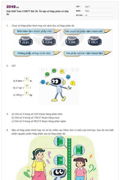 Giải SGK Toán 5 KNTT Bài 30. Ôn tập số thập phân có đáp án