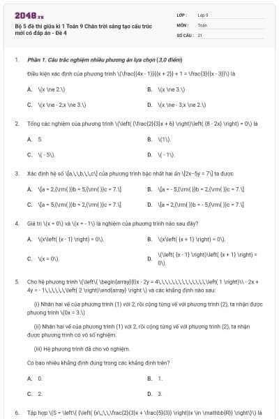 Bộ 5 đề thi giữa kì 1 Toán 9 Chân trời sáng tạo cấu trúc mới có đáp án - Đề 4