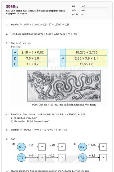 Giải SGK Toán 5 KNTT Bài 31. Ôn tập các phép tính với số thập phân có đáp án