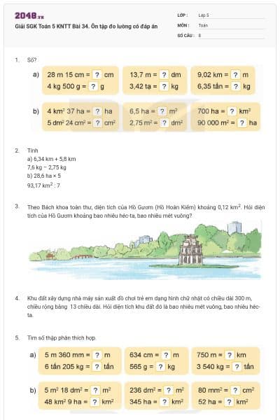 Giải SGK Toán 5 KNTT Bài 34. Ôn tập đo lường có đáp án