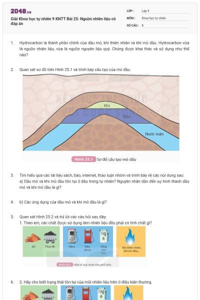 Giải Khoa học tự nhiên 9 KNTT Bài 25: Nguồn nhiên liệu có đáp án