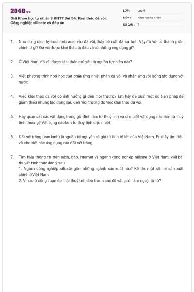 Giải Khoa học tự nhiên 9 KNTT Bài 34. Khai thác đá vôi. Công nghiệp silicate có đáp án