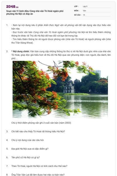 Soạn văn 9 Cánh diều Cùng nhà văn Tô Hoài ngắm phố phường Hà Nội có đáp án