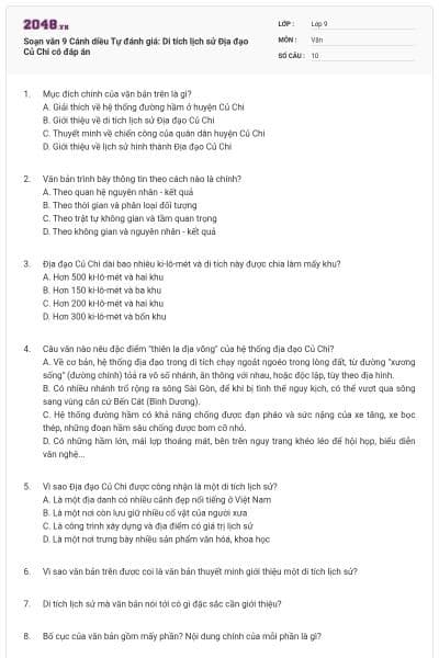 Soạn văn 9 Cánh diều Tự đánh giá: Di tích lịch sử Địa đạo Củ Chi có đáp án