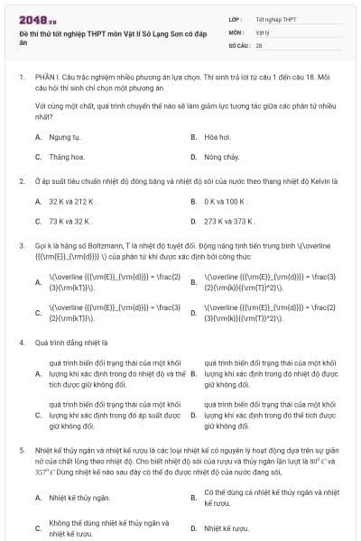 Đề thi thử tốt nghiệp THPT môn Vật lí Sở Lạng Sơn có đáp án