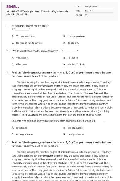 Đề thi thử THPT quốc gia năm 2019 môn tiếng anh chuẩn cấu trúc (Đề số 11)