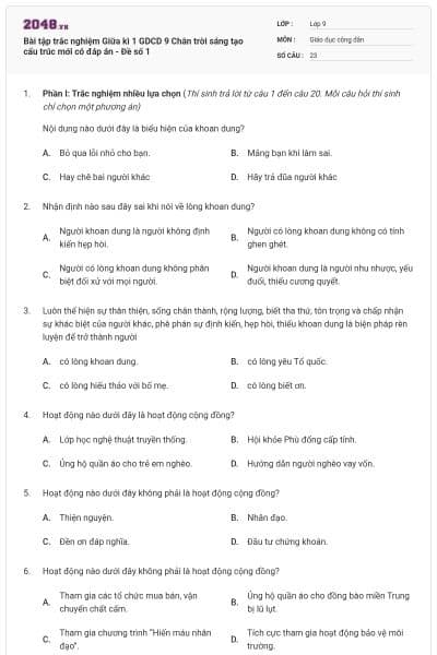 Bài tập trắc nghiệm Giữa kì 1 GDCD 9 Chân trời sáng tạo cấu trúc mới có đáp án - Đề số 1