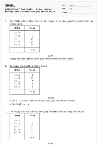 Giải SGK Toán 12 Cánh diều Bài 1. Khoảng biến thiên, khoảng tứ phân vị của mẫu số liệu ghép nhóm có đáp án