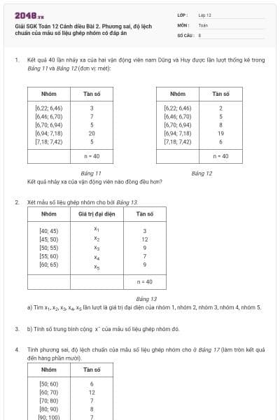 Giải SGK Toán 12 Cánh diều Bài 2. Phương sai, độ lệch chuẩn của mẫu số liệu ghép nhóm có đáp án