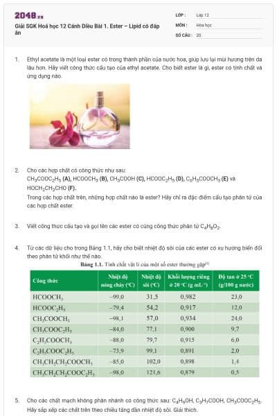 Giải SGK Hoá học 12 Cánh Diều Bài 1. Ester – Lipid có đáp án