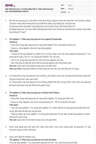 Giải SGK Hoá học 12 Cánh Diều Bài 4. Tính chất hóa học của carbohydratecó đáp án