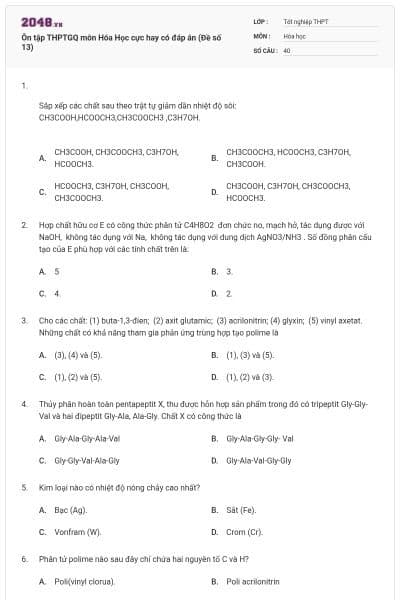 Ôn tập THPTGQ môn Hóa Học cực hay có đáp án (Đề số 13)