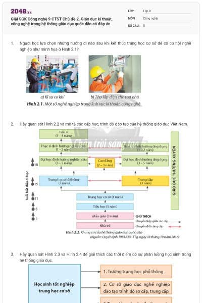 Giải SGK Công nghệ 9 CTST Chủ đề 2. Giáo dục kĩ thuật, công nghệ trong hệ thống giáo dục quốc dân có đáp án