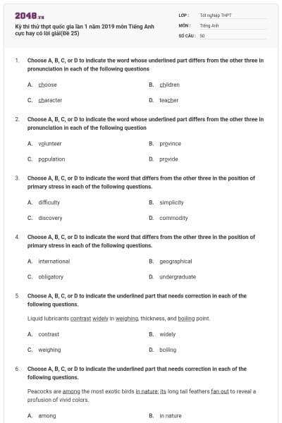 Kỳ thi thử thpt quốc gia lần 1 năm 2019 môn Tiếng Anh cực hay có lời giải(Đề 25)