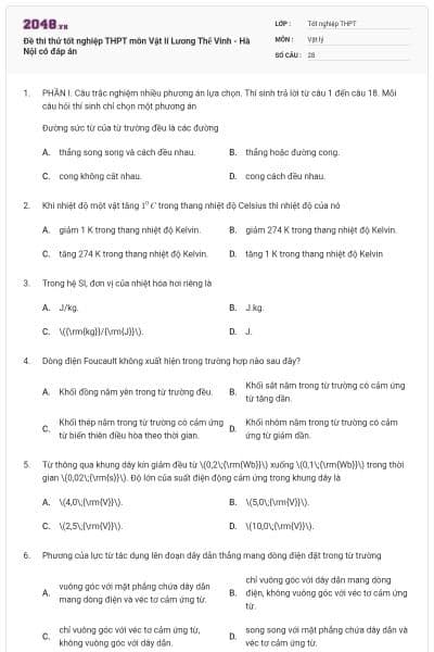 Đề thi thử tốt nghiệp THPT môn Vật lí Lương Thế Vinh - Hà Nội có đáp án