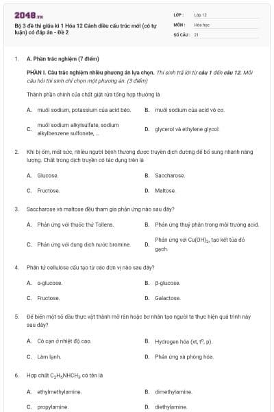 Bộ 3 đề thi giữa kì 1 Hóa 12 Cánh diều cấu trúc mới (có tự luận) có đáp án - Đề 2