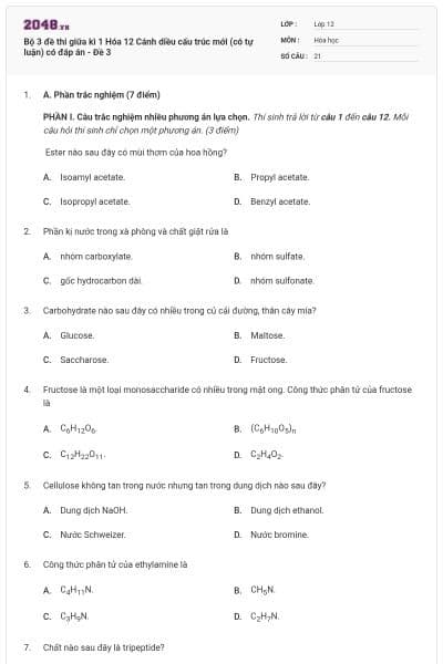 Bộ 3 đề thi giữa kì 1 Hóa 12 Cánh diều cấu trúc mới (có tự luận) có đáp án - Đề 3
